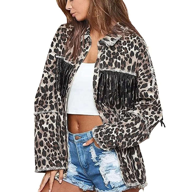 Beakey Womens Leopard Print Jacket Button Down Fringe Vintage Denim Coat