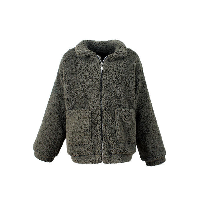 Beakey Women's Lapel Zip Up Coat Faux Shearling Shaggy Oversized  Jacket Warm Winter-Army Green-T0647