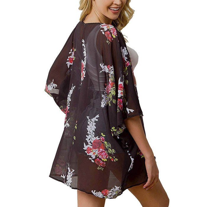 Beakey Women's Summer Floral Print Kimonos Loose Half Sleeve Chiffon Cardigan Blouses Casual Cover Up - Black Flower