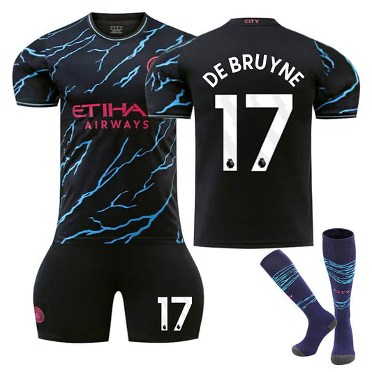 Beakey Manchester City Second Away EPL Jersey DE BRUYNE #17 Soccer Jersey Kids Adult 3Pcs Jersey Kits