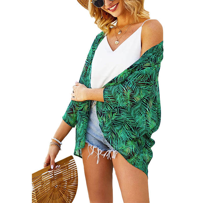 Beakey Women's Summer Floral Print Kimonos Loose Half Sleeve Chiffon Cardigan Blouses Casual Cover Up - Green Leaf