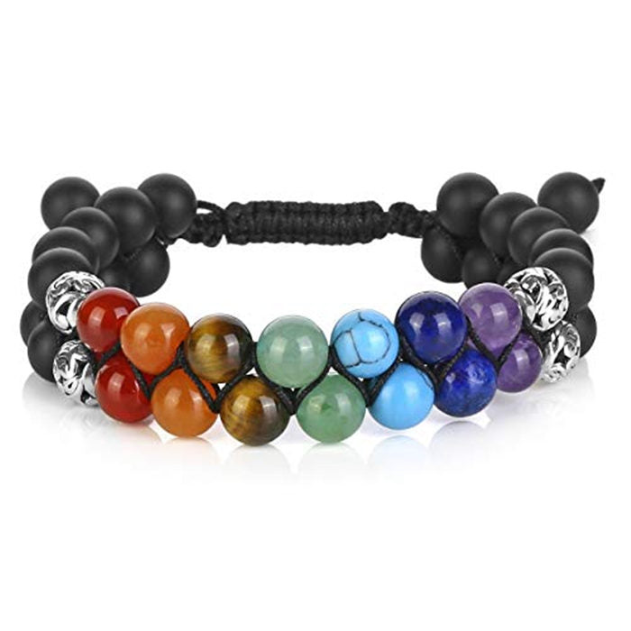 Beakey Bead Bracelet 7 Chakras Healing Crystals Bracelet Stone Beads Double Layer Bracelets-Matte Black Agate Bracelet