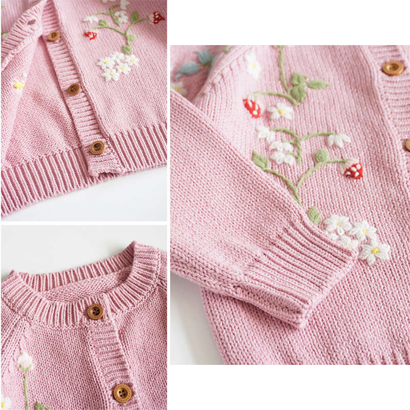 Beakey Toddlers Girls Sweater Embroidered Strawberry Knitted Cardigan-Pink