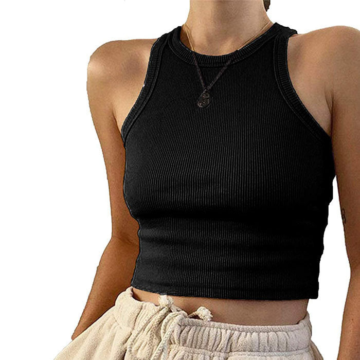 Beakey Vest For Women Notch Sleeveless Summer Ribbed Short Leaking Belly Tank Tops-Black-3011