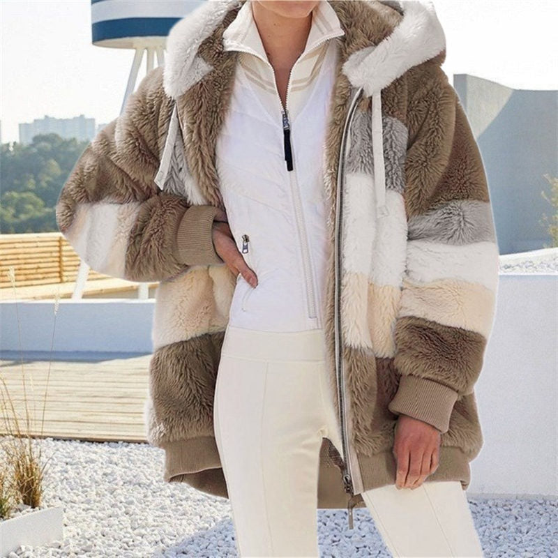 Beakey Womens Warm Plush Hooded Cardigan Full Zip Colorblock Jacket-Khaki