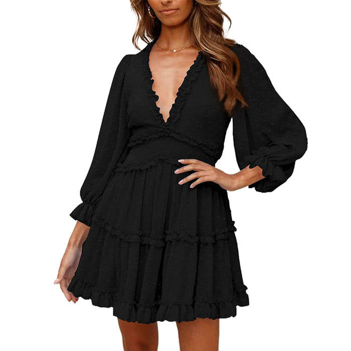 Beakey Womens Spring Summer Deep V Neck Ruffle Long Sleeve Mini Dress-Black-225781