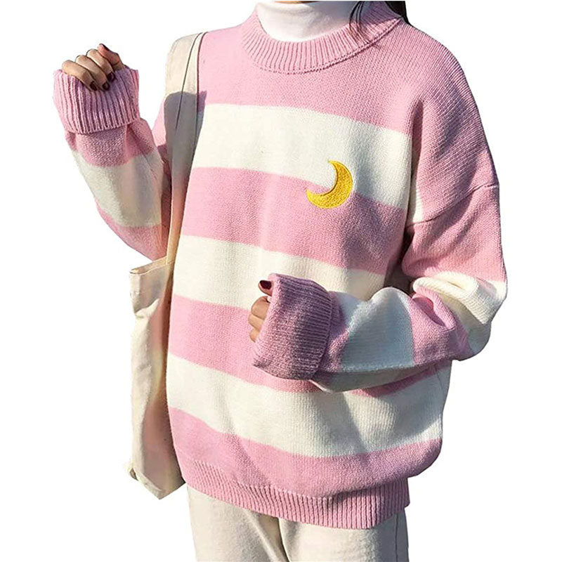 Beakey Womens Kawaii College Style Sweater Contrast Striped Moon Pullover-Pink