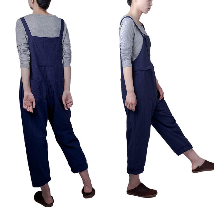 Beakey Women's Casual Baggy Cotton Linen Jumpsuit Overalls With Pockets-Blue-5859