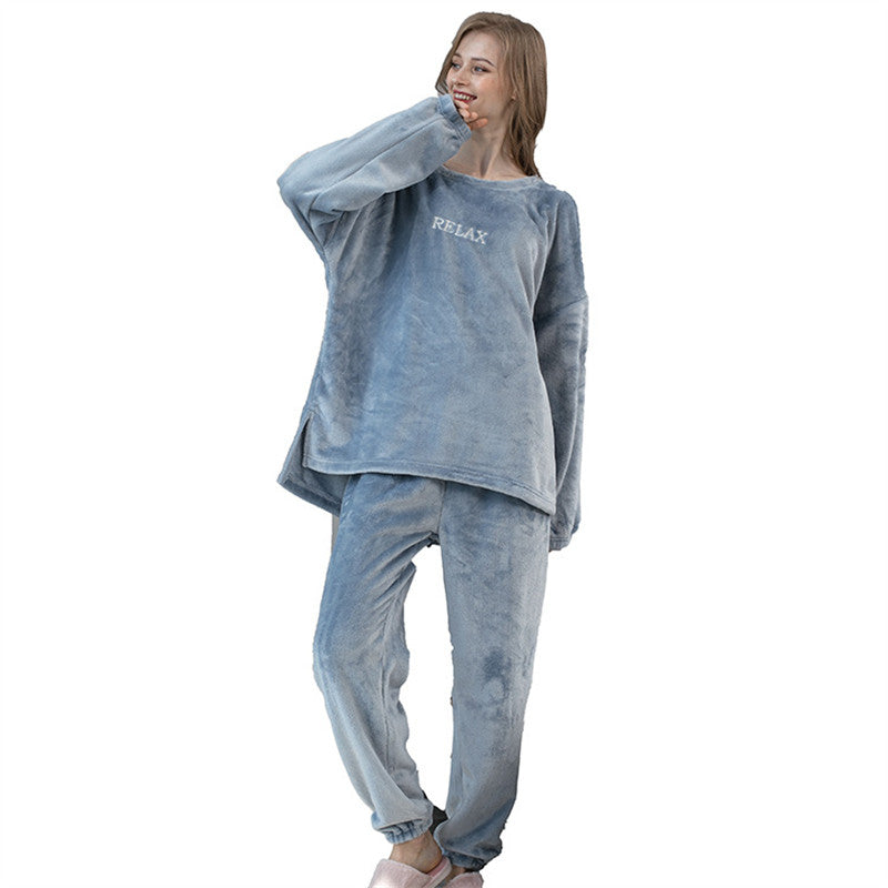 Beakey Crew Neck Flannel Pajamas Set for Women-Haze Blue