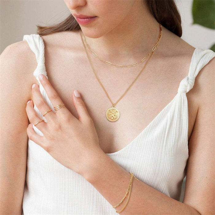 Beakey Simple Cute Long Pendant Necklace Oval Link Choker Double Layer Jewery-Lion-GL-0092A