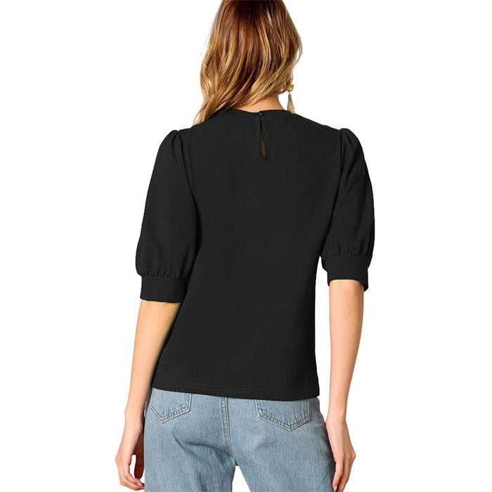 Beakey Women's Unique Puff Sleeve Casual Solid Top Pullover Keyhole Back Blouse-Black-8821