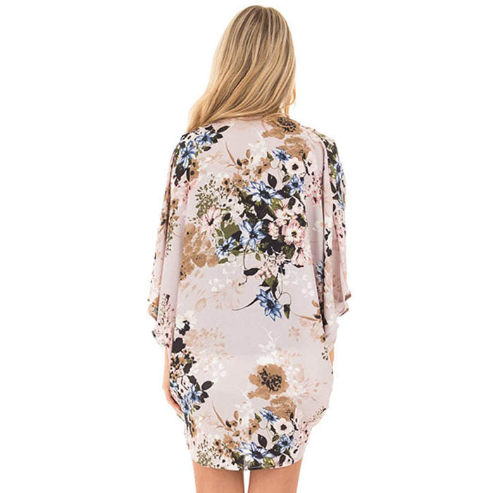Beakey Women's Summer Floral Print Kimonos Loose Half Sleeve Chiffon Cardigan Blouses Casual Cover Up - Grey Pink