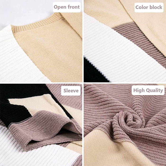 Beakey Womens Color Block Cardigan Open Front Sweaters Loose Knit Casual Coat-Black-AL6009