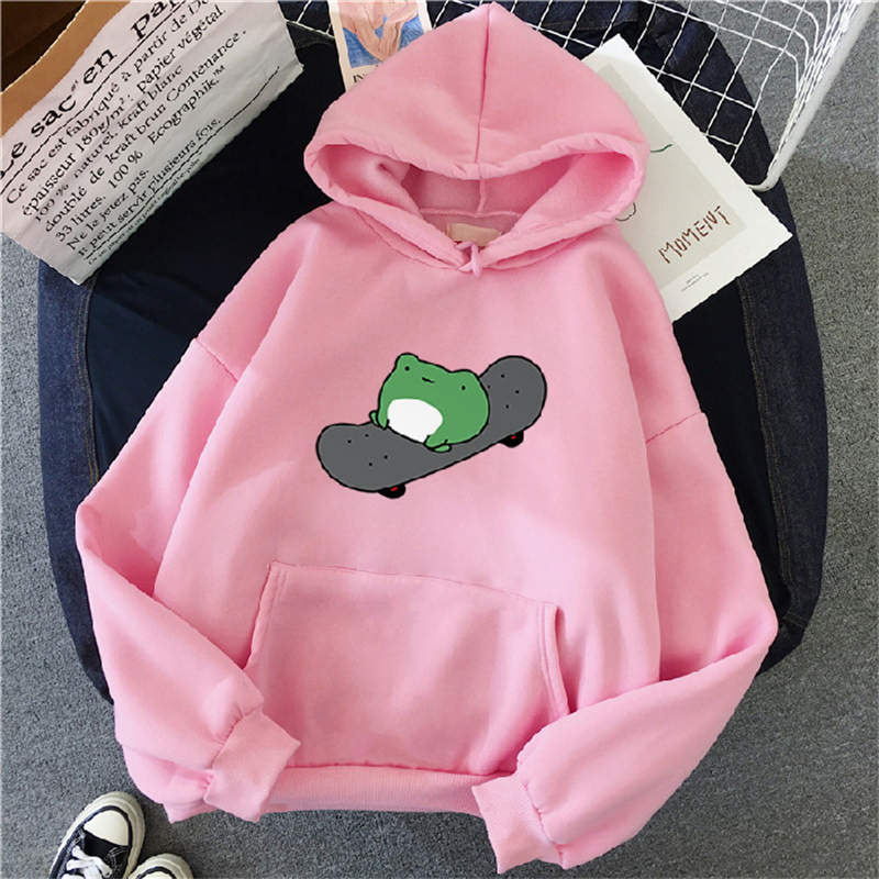 Beakey Womens Cute Hoodie Skateboarding Frog Long Sleeve Pullover-Pink