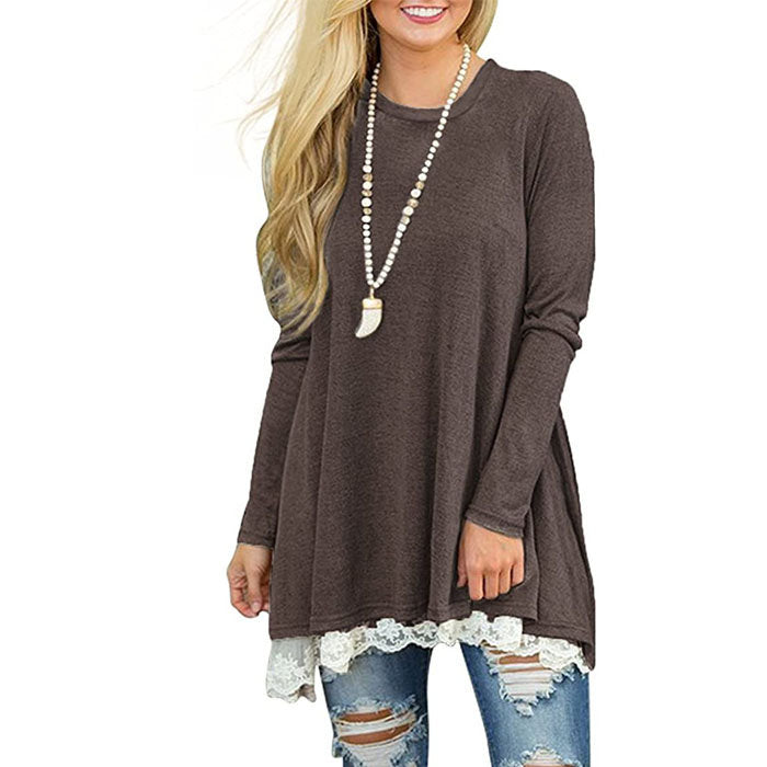 Beakey Women's Crew Neck Long Sleeve Lace Splicing Shirt Long Tunic Blouses-Coffee-1228