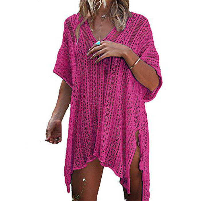 Beakey Women's Swimsuit Beach Bikini Loose Blouse Knitted Blouse Stylish Beach Cover up-Rose