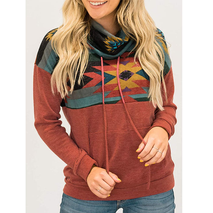 Beakey Women Turtleneck Color Block Pullover Sweatshirt Tops With Pockets-Red-HY201028