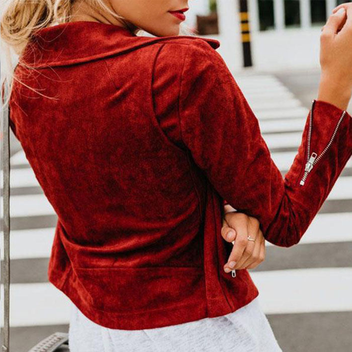 Beakey Women's Multiple Zippers Notch Collar Moto Jacket Casual Short Coat-Red-YC0271