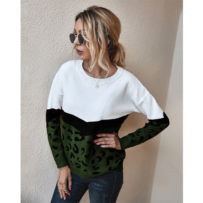 Beakey Women¡¯s Casual Knitted Sweater Leopard Print Color Block Loose Pullover-Army Green-K208002