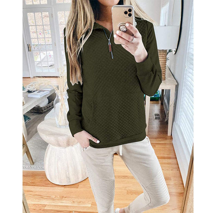 Beakey Women 1/4 Zipper Long Sleeve Plain Casual Sweatshirts Pullovers Shirts Tops-Army Green
