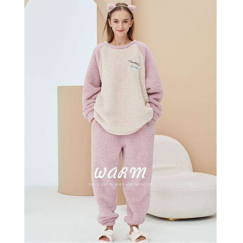 Beakey Crewneck Colorblock Pajamas Set for Couple-Pink