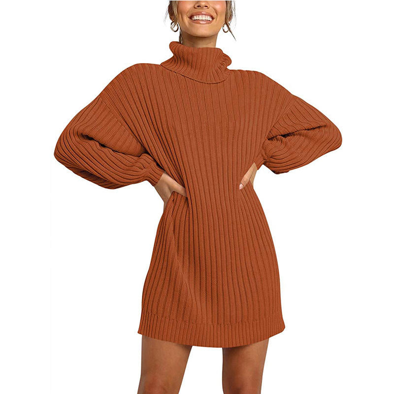 Beakey Womens Turtleneck Loose Sweater Dress Soft Winter Pullover Dress-Brick Red