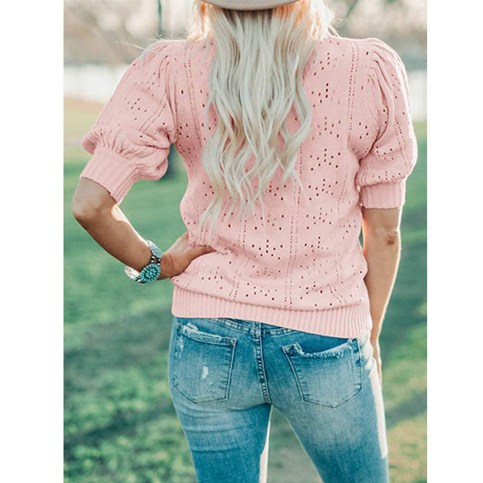 Beakey Womens Lightweight Puff Short Sleeve Sweaters Tops Crew Neck Dot Pullover Shirt-Pink