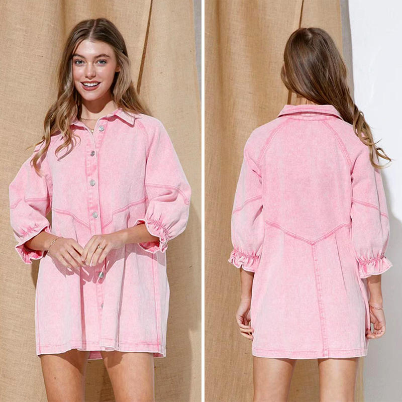 Beakey Denim Shirt Dress for Fall Lantern Sleeve Vintage Loose Babydoll-Pink