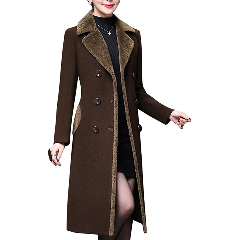 Beakey Womens Winter Wool Blend Long Coat Double Breasted Lapel Jacket-Deep Coffee