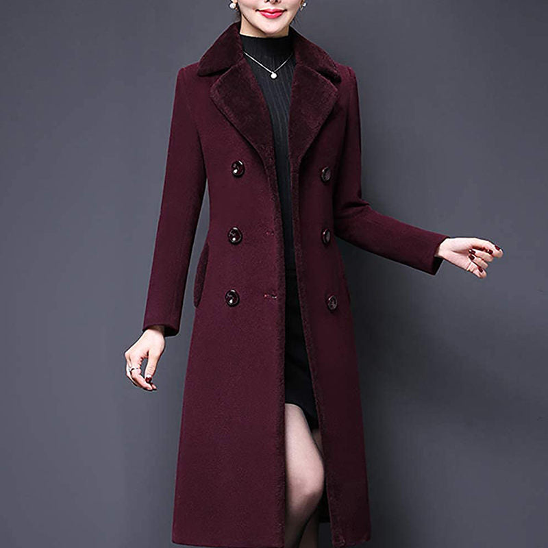 Beakey Womens Winter Wool Blend Long Coat Double Breasted Lapel Jacket-Purple