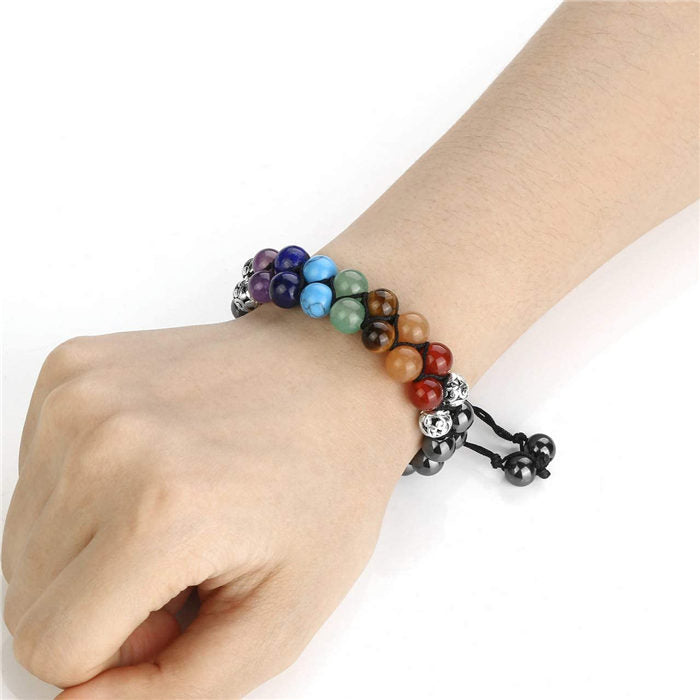 Beakey Bead Bracelet 7 Chakras Healing Crystals Bracelet Stone Beads Double Layer Bracelets-Matte Black Agate Bracelet