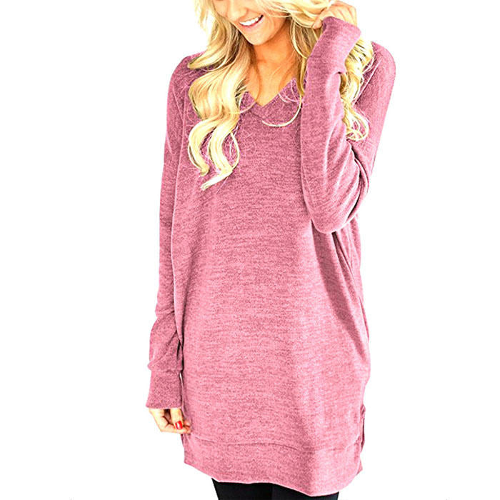 Beakey Womens Casual V Neck Long Sleeves Pocket Solid Color Sweatshirt Split Tops-Light Wine Red-W0083