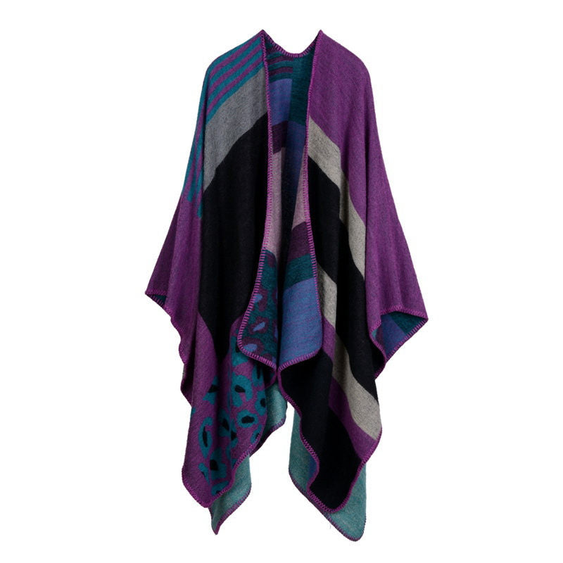 Beakey Womens Winter Reversible Oversized Blanket Cape Shawl-Leopard Purple