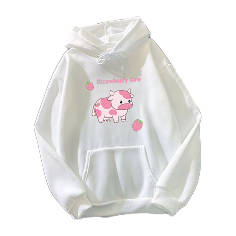 Beakey Casual Hoodie Strawberry Cow Print with Pockets for Women Men-White