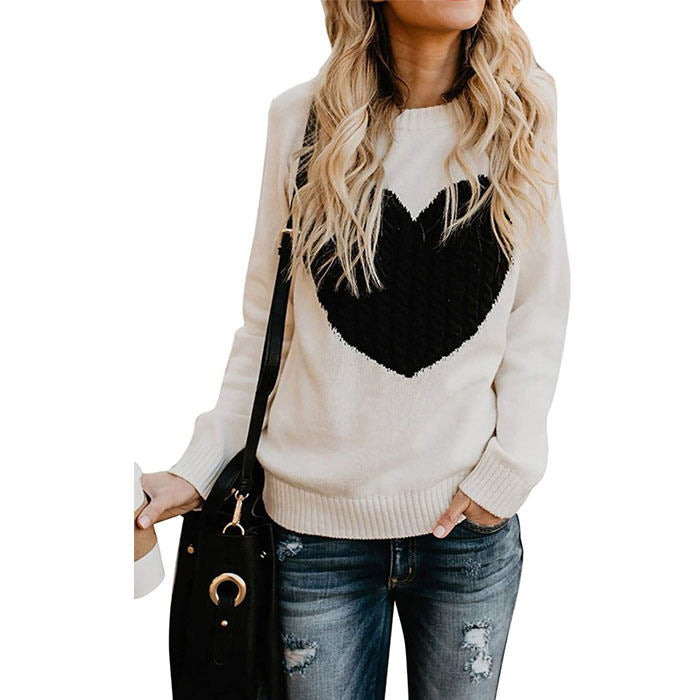 Beakey Women Cute Sweaters Heart Crewneck Long Sleeve Knitted Pullover Sweater-Apricot-118004