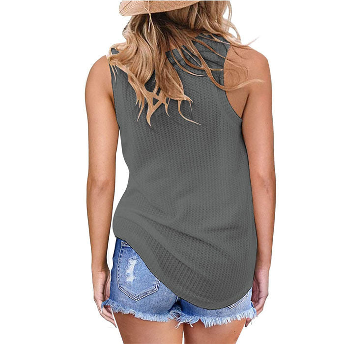 Beakey Womens Waffle Knit Vest Casual Blouse Sleeveless Twist Knot Tank Tops-Dark Gray-YT8829