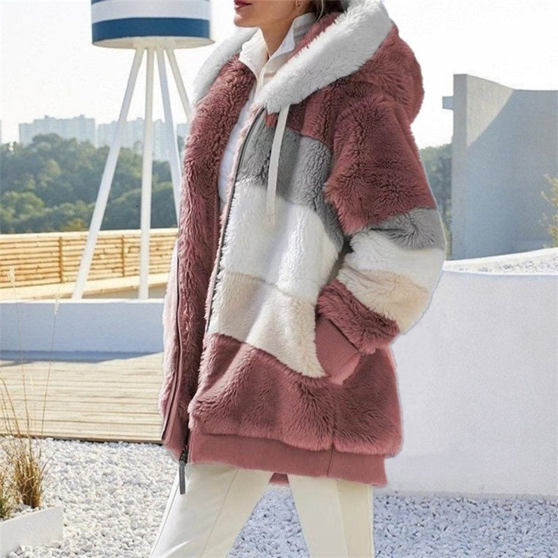 Beakey Womens Warm Plush Hooded Cardigan Full Zip Colorblock Jacket-Red