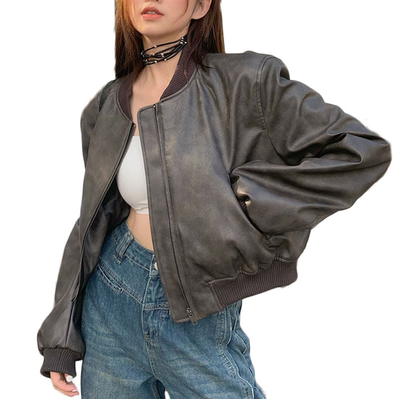 Beakey Womens PU Leather Jacket Crop with Zipper Pockets Bomber Outwear