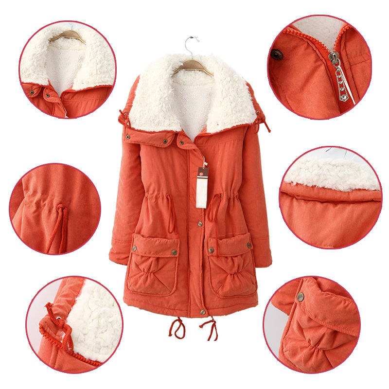 Beakey Women's Mid Length Winter Coat Thickened Warm Lamb Wool Lined Jacket-Red