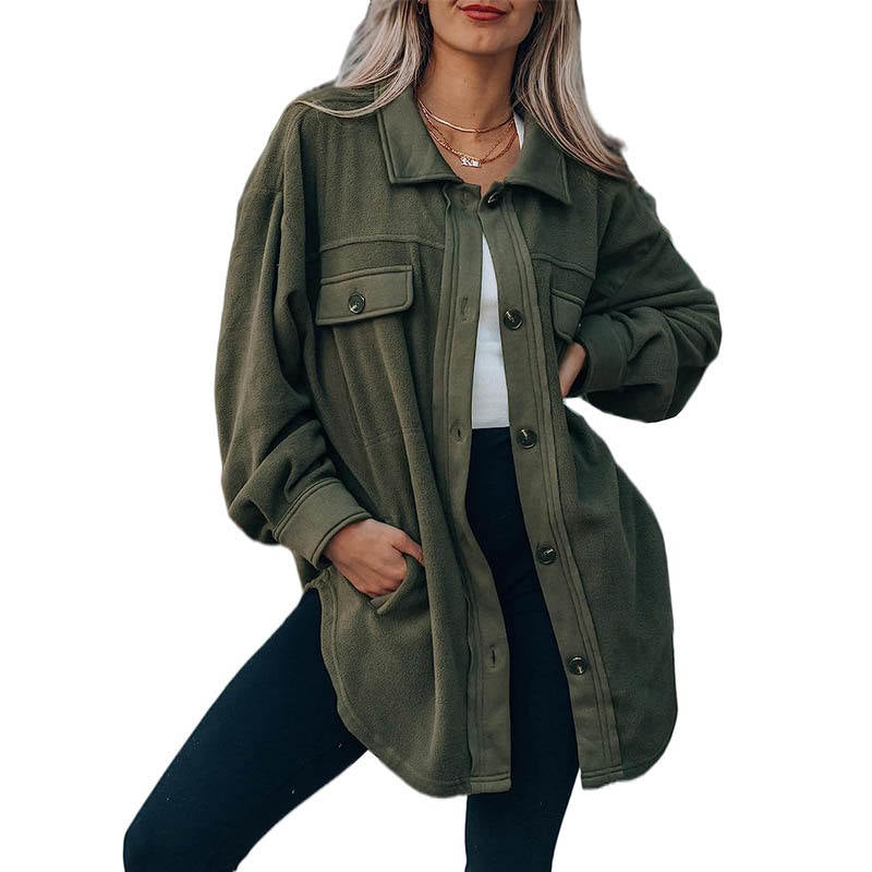 Beakey Womens Fleece Long Sleeved Shirt Casual Boyfriend Blouse Top-Military Green