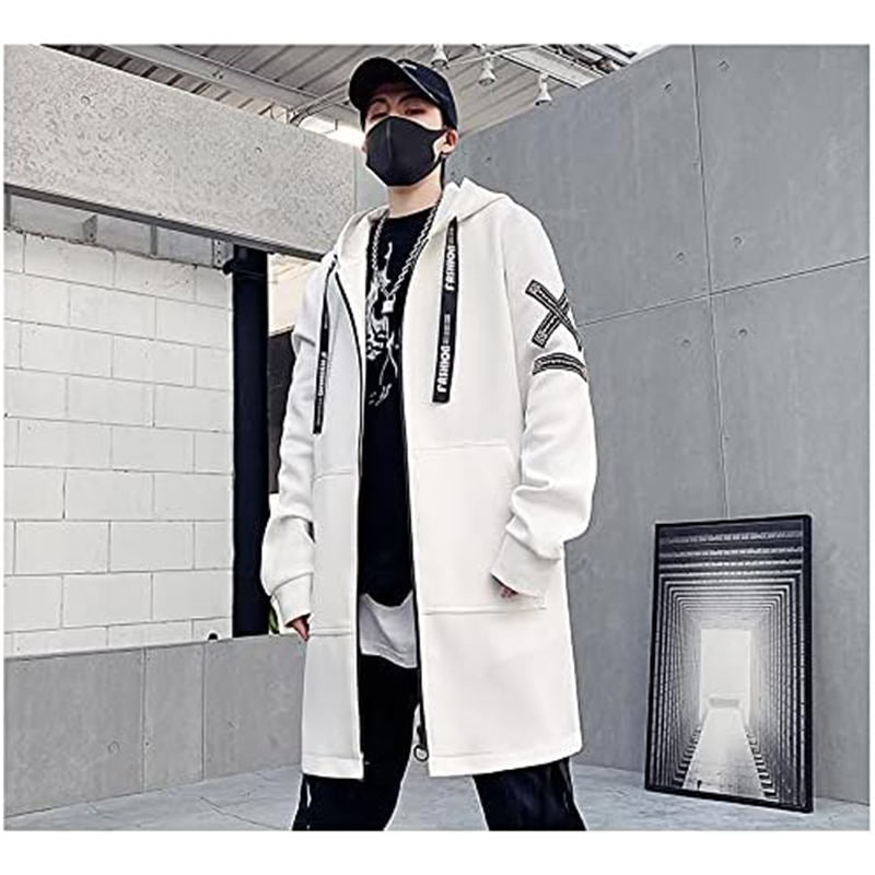 Beakey Hooded Windbreaker for Men Print Harajuku Zipper Long Jacket-White