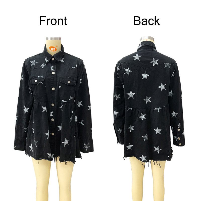 Beakey Star Print Jacket for Women Frayed Hem Distressed Denim Coat-Black
