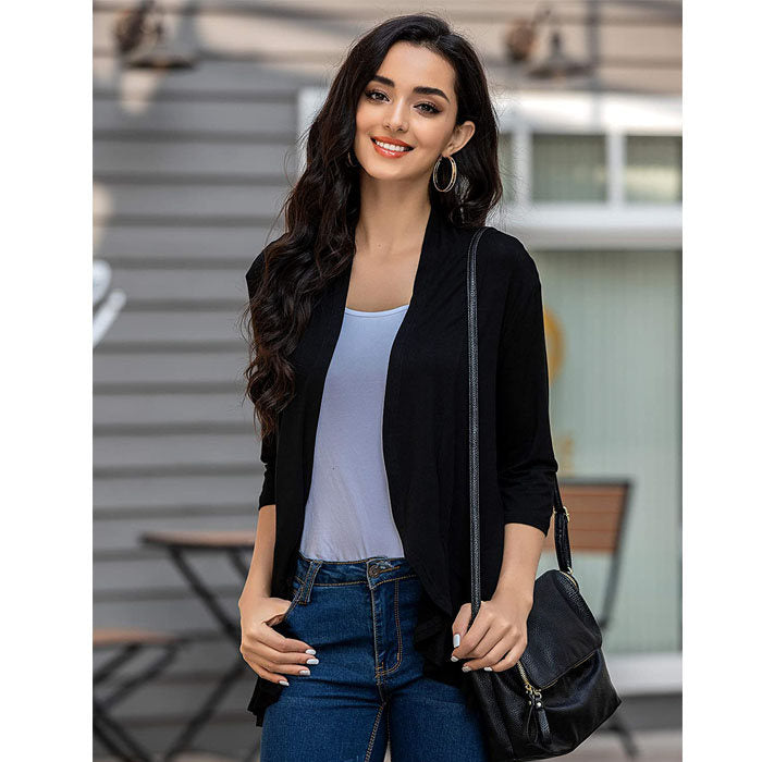Beakey Women's Open Front Cardigan 3/4 Sleeve Draped Ruffles Soft Knit Sweaters-Black-8012