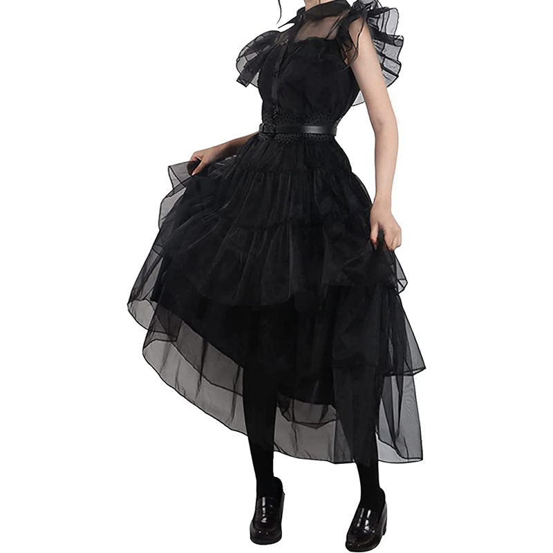 Beakey Classic Evening Dress for Women with Belt Wednesday Cosplay Costume
