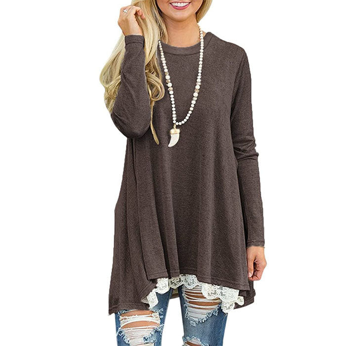 Beakey Women's Crew Neck Long Sleeve Lace Splicing Shirt Long Tunic Blouses-Coffee-1228