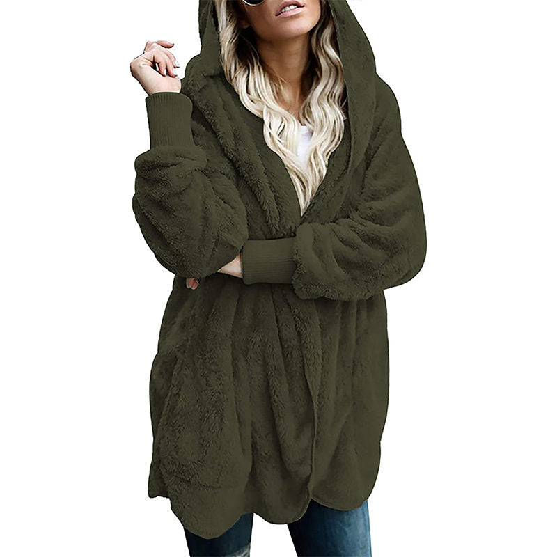 Beakey Womens Long Sleeve Fuzzy Fleece Jacket Hooded Cardigan Coat with Pockets-Army Green
