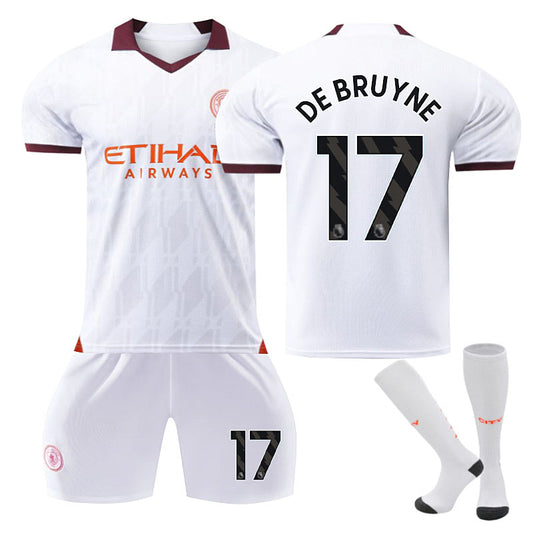 Beakey Manchester City Away Jersey DE BRUYNE #17 Soccer Jersey Kids Adult 3Pcs Jersey Kits-White