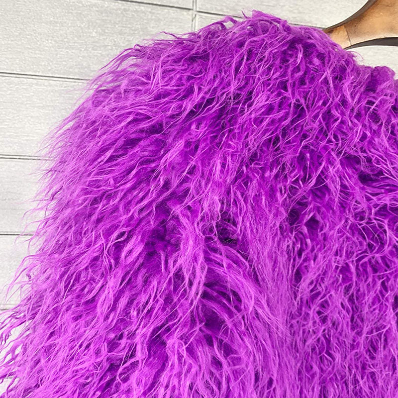 Beakey Womens Shaggy Faux Fur Outwear Short Thermal Coat-Purple