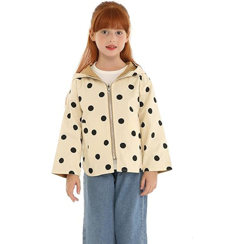 Beakey Cute Dot Hooded Jacket for Girls Reversible Full Zipper Outerwear-Khaki
