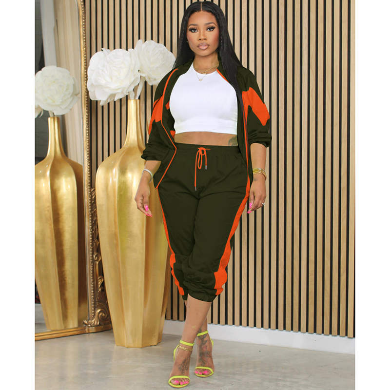 Beakey Womens Windbreaker Jacket Pants Colorblock Patchwork Tracksuit-Army Green